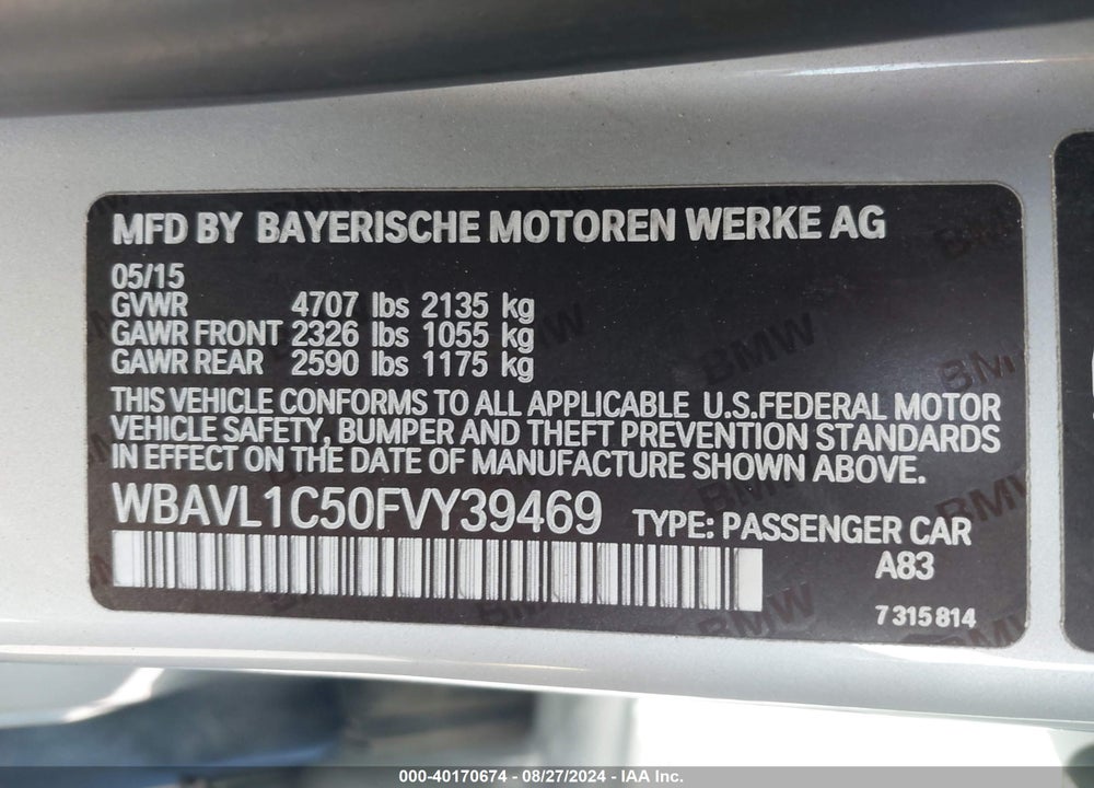 2015 BMW X1 XDRIVE28I VIN: WBAVL1C50FVY39469
