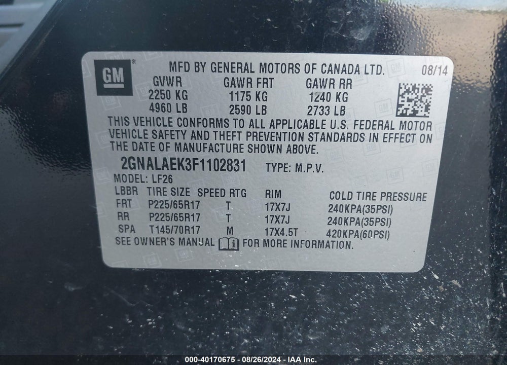 2015 CHEVROLET EQUINOX LS VIN: 2GNALAEK3F1102831