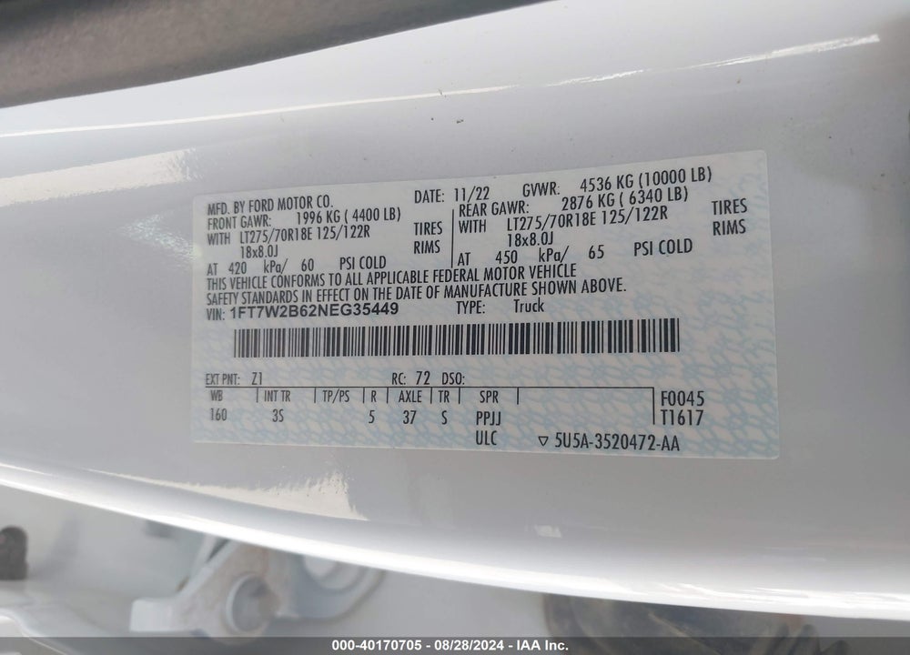 2022 FORD F-250 XLT VIN: 1FT7W2B62NEG35449
