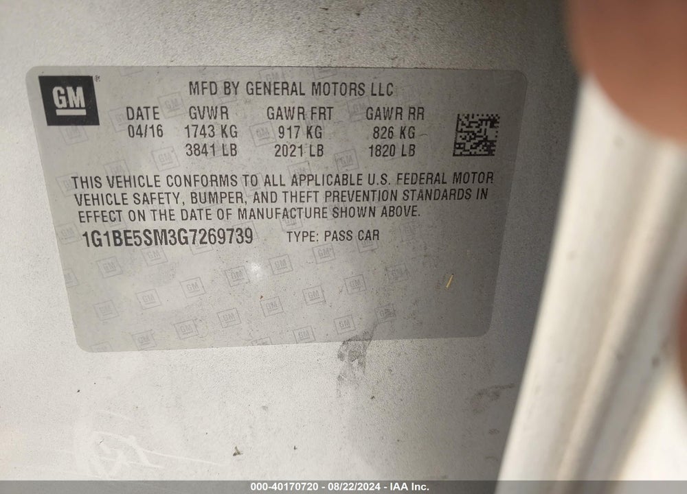 2016 CHEVROLET CRUZE LT AUTO VIN: 1G1BE5SM3G7269739