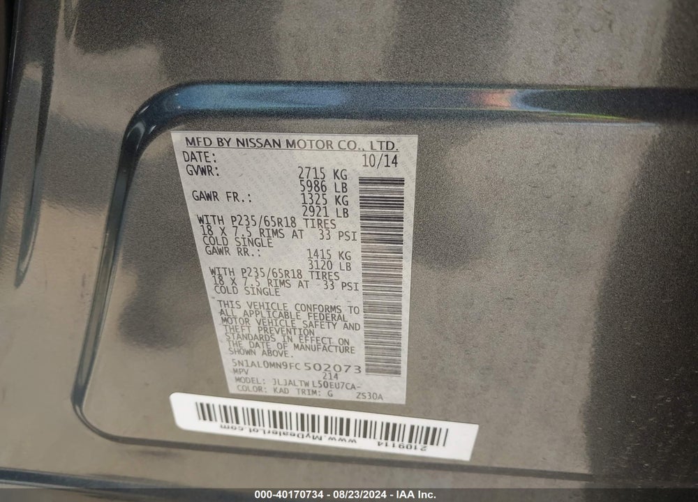 2015 INFINITI QX60 VIN: 5N1AL0MN9FC502073