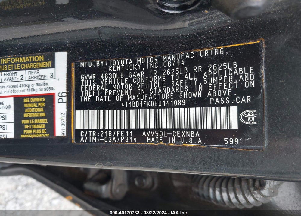 2014 TOYOTA CAMRY HYBRID LE VIN: 4T1BD1FK0EU141089