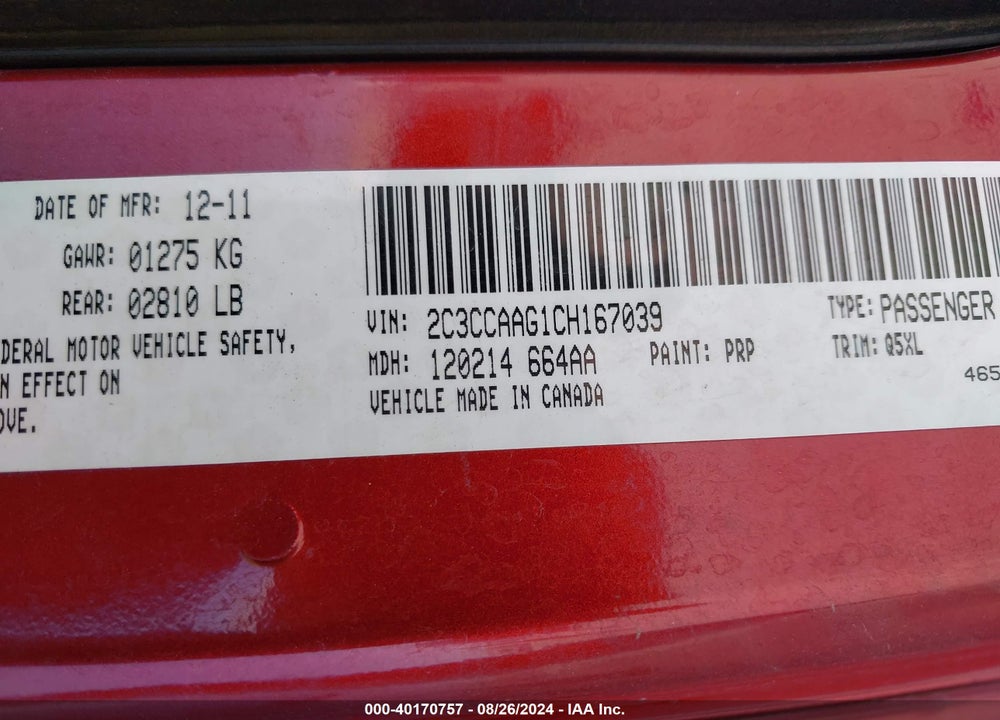 2012 CHRYSLER 300 VIN: 2C3CCAAG1CH167039