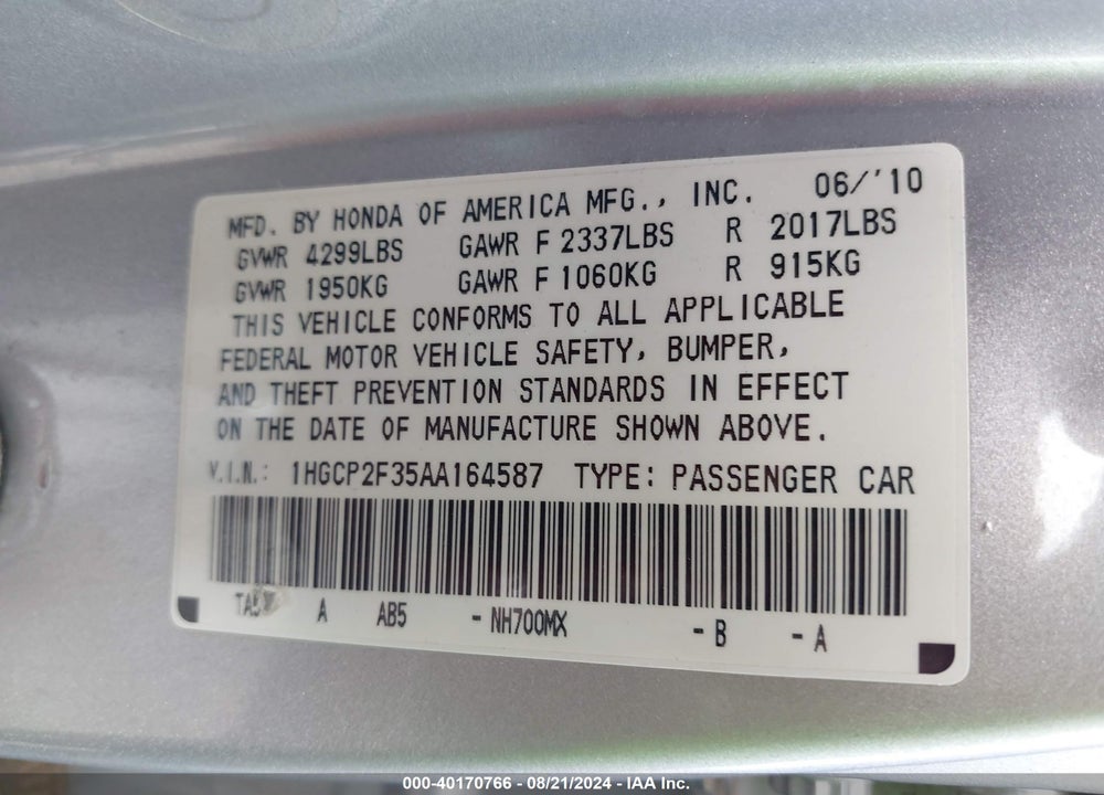 2010 HONDA ACCORD 2.4 LX VIN: 1HGCP2F35AA164587