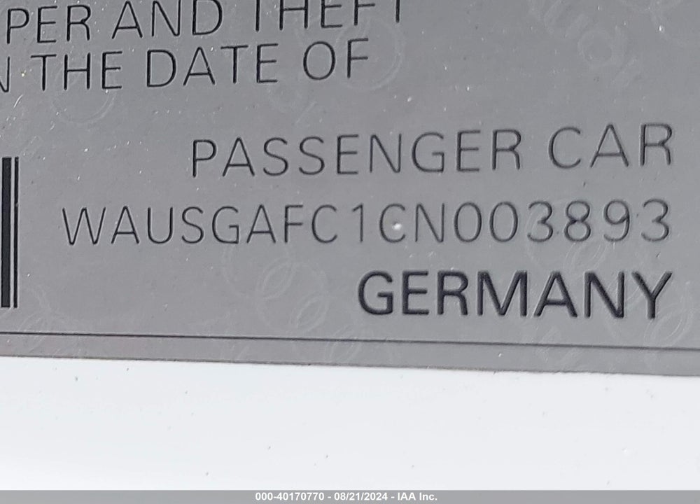 2012 AUDI A7 PREMIUM VIN: WAUSGAFC1CN003893