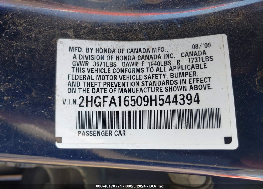 2009 HONDA CIVIC LX VIN: 2HGFA16509H544394