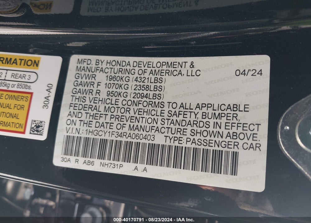 2024 HONDA ACCORD EX VIN: 1HGCY1F34RA060403