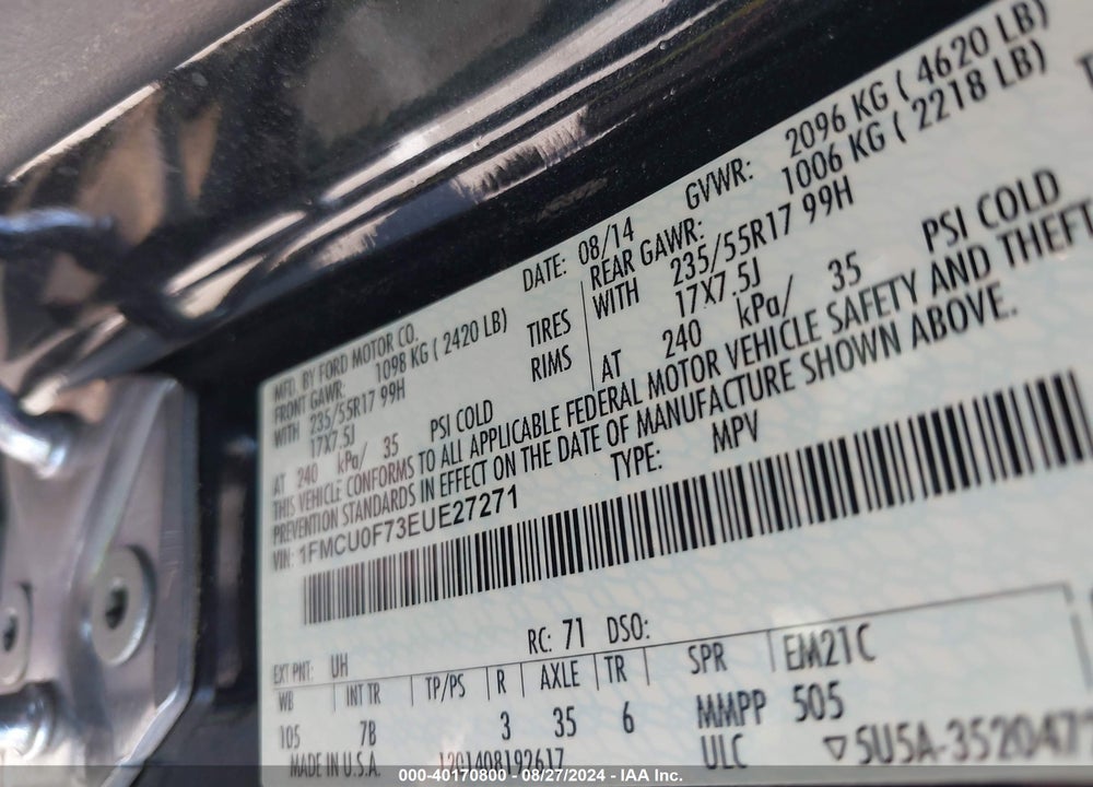 2014 FORD ESCAPE S VIN: 1FMCU0F73EUE27271