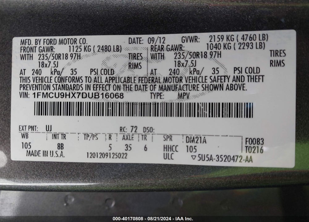 2013 FORD ESCAPE SEL VIN: 1FMCU9HX7DUB16068