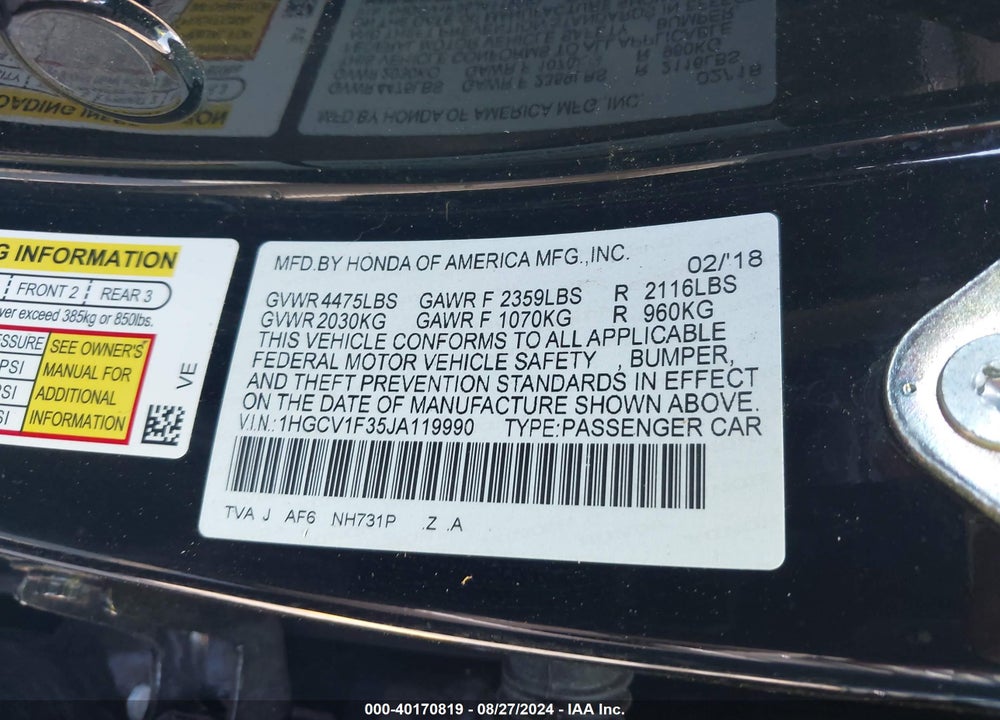 2018 HONDA ACCORD SPORT VIN: 1HGCV1F35JA119990