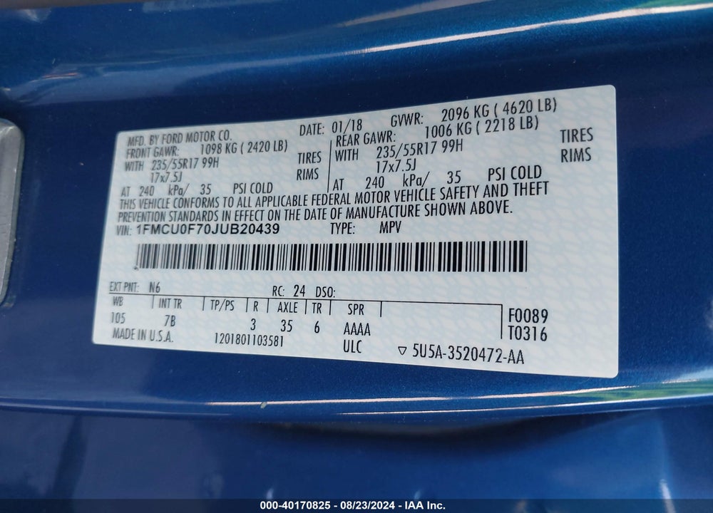 2018 FORD ESCAPE S VIN: 1FMCU0F70JUB20439