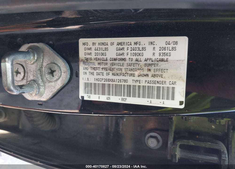 2008 HONDA ACCORD 2.4 EX-L VIN: 1HGCP268X8A126780