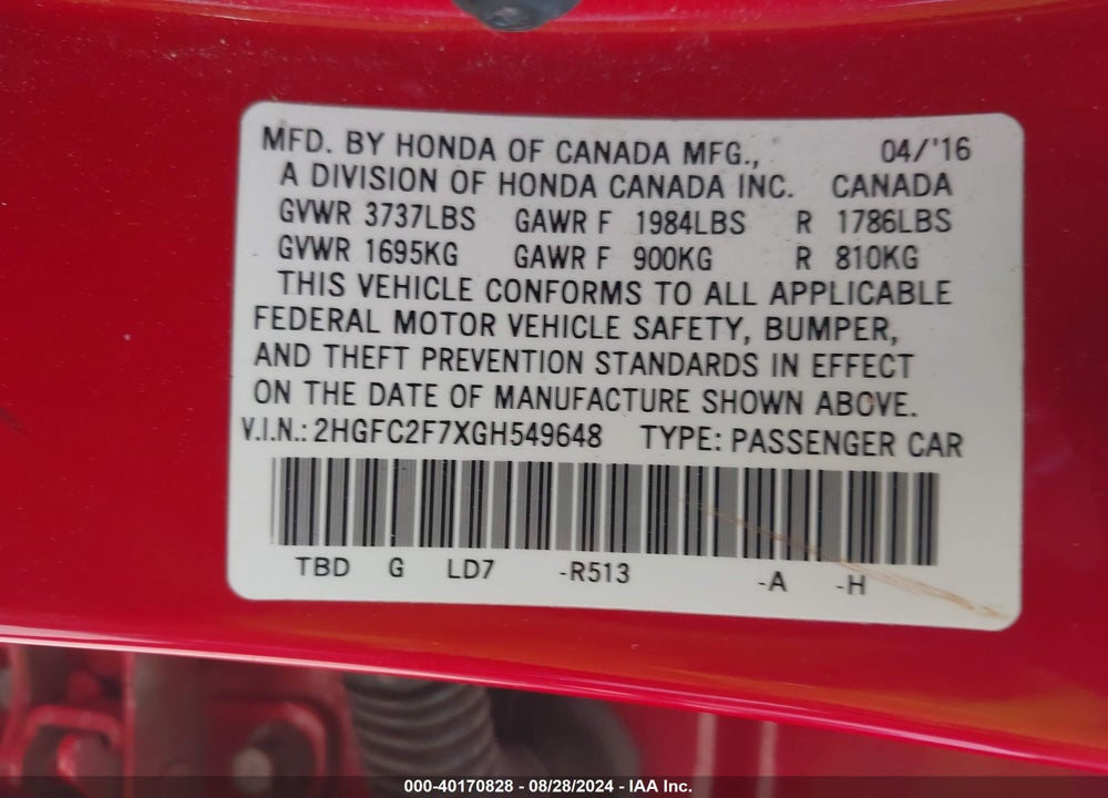 2016 HONDA CIVIC EX VIN: 2HGFC2F7XGH549648
