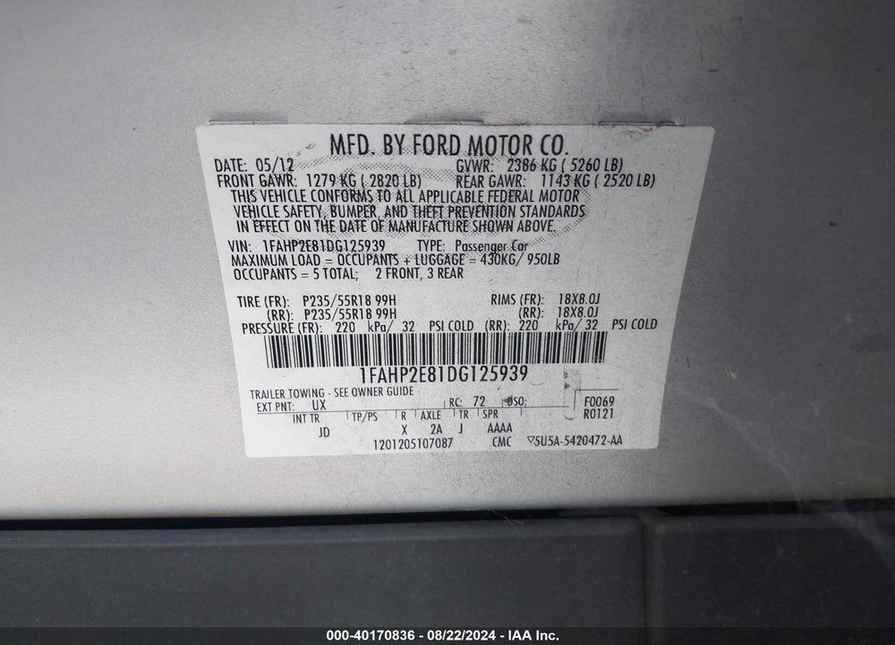 2013 FORD TAURUS SEL VIN: 1FAHP2E81DG125939