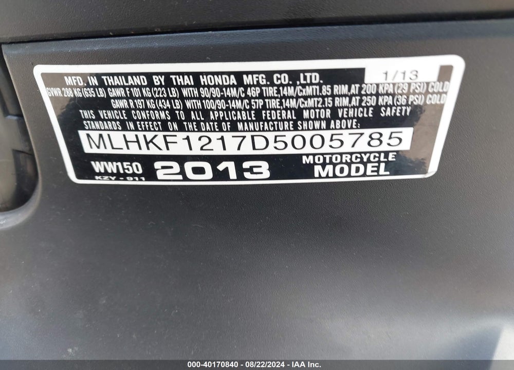 2013 HONDA PCX 150 VIN: MLHKF1217D5005785