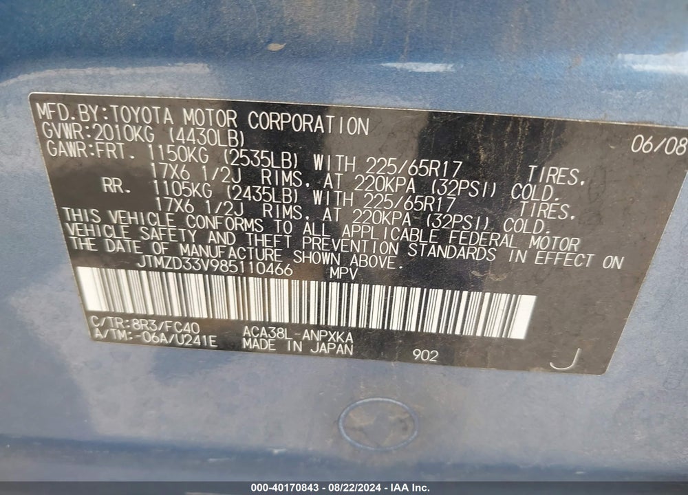 2008 TOYOTA RAV4 VIN: JTMZD33V985110466