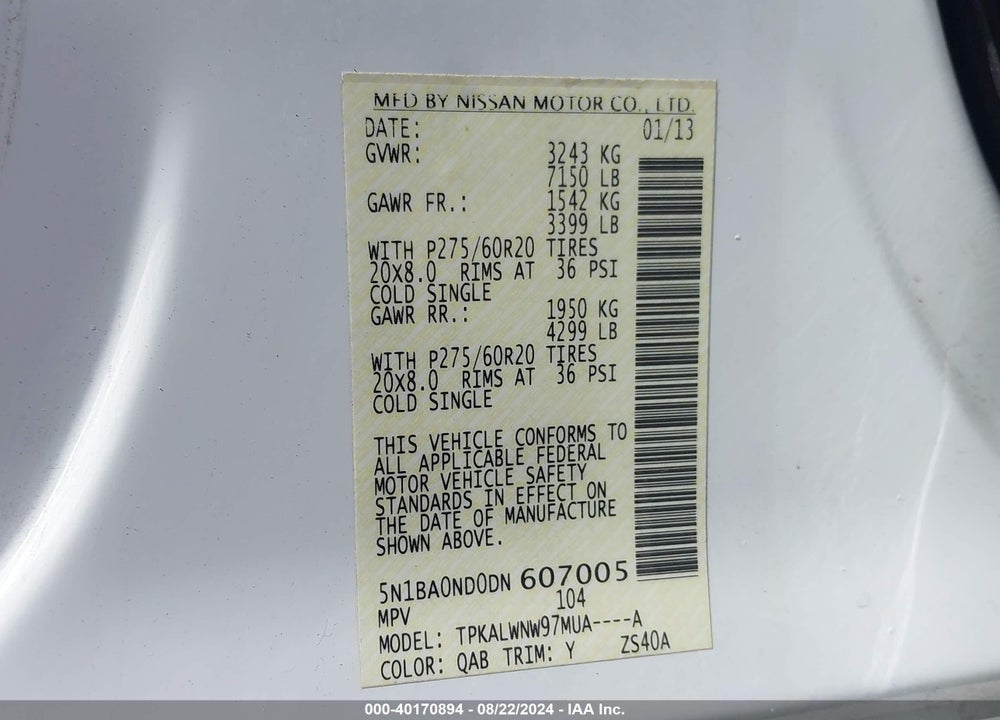 2013 NISSAN ARMADA PLATINUM VIN: 5N1BA0ND0DN607005