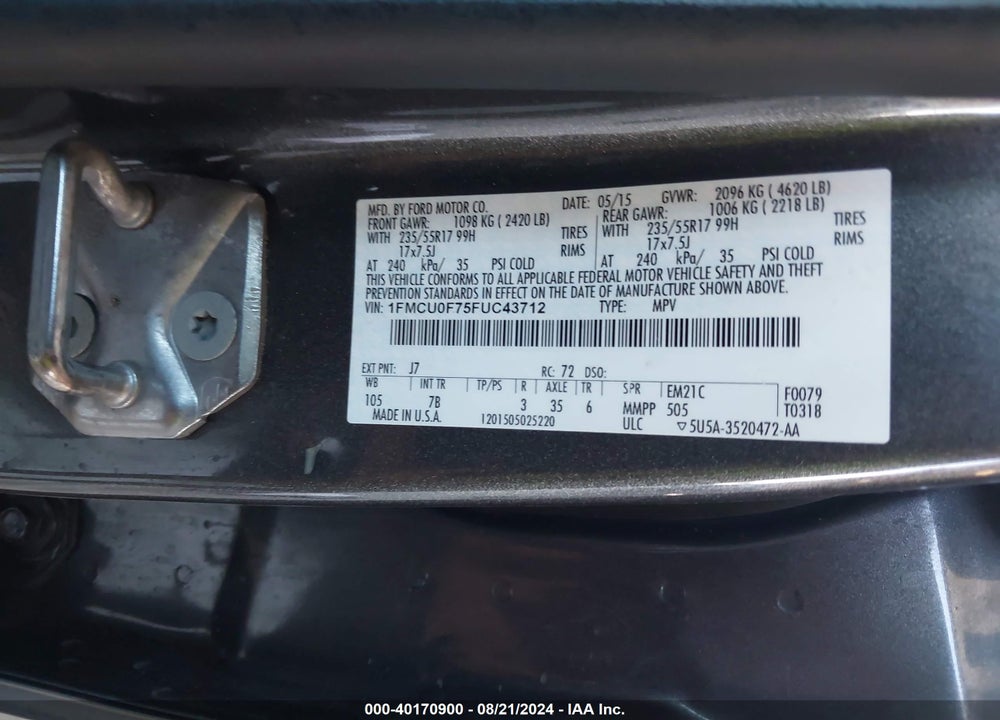 2015 FORD ESCAPE S VIN: 1FMCU0F75FUC43712
