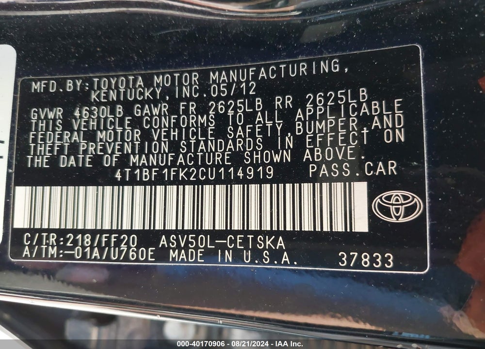 2012 TOYOTA CAMRY SE VIN: 4T1BF1FK2CU114919