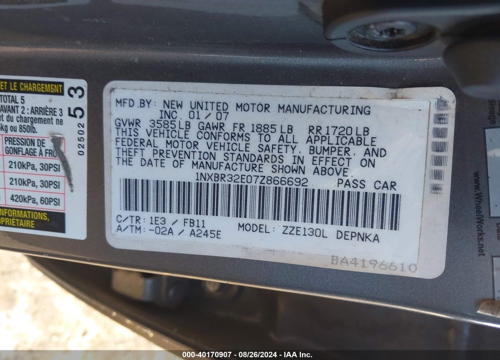 2007 TOYOTA COROLLA VIN: 1NXBR32E07Z866692