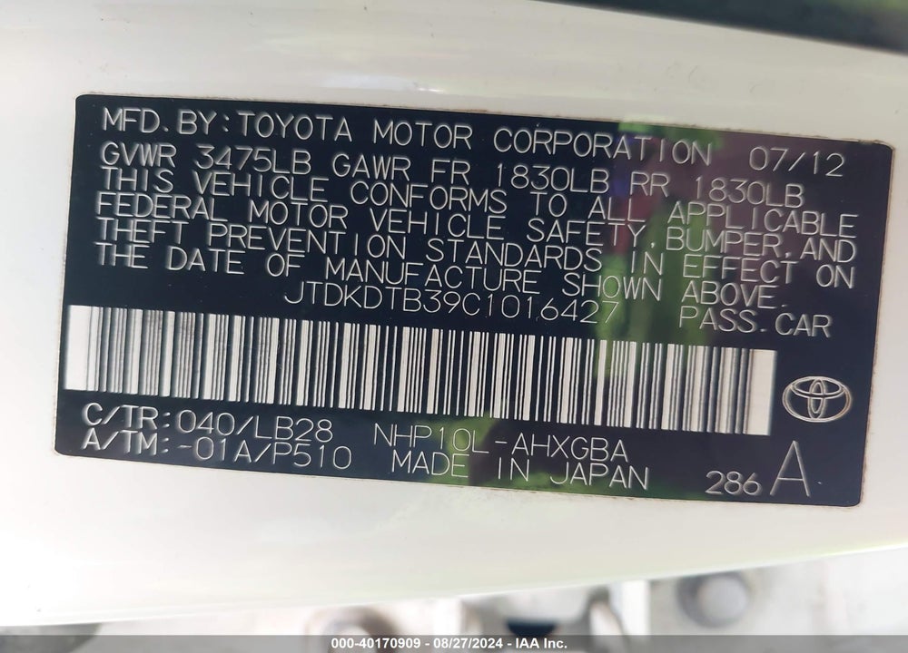 2012 TOYOTA PRIUS C FOUR VIN: JTDKDTB39C1016427