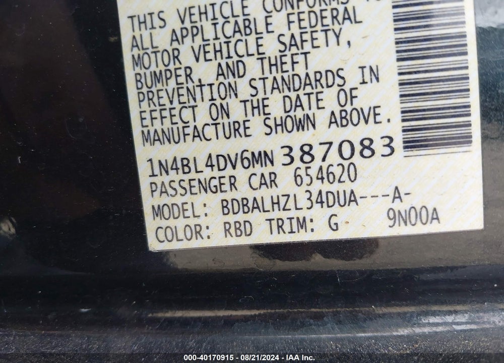 2021 NISSAN ALTIMA SV FWD VIN: 1N4BL4DV6MN387083