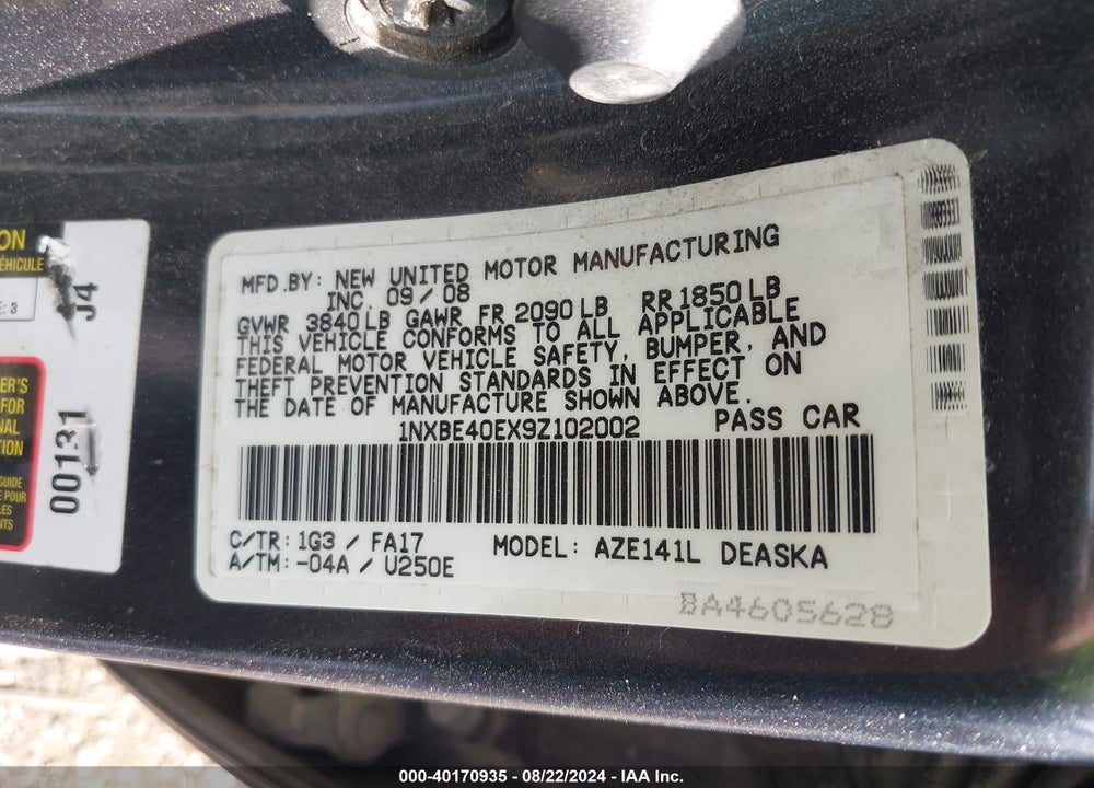 2009 TOYOTA COROLLA XRS VIN: 1NXBE40EX9Z102002