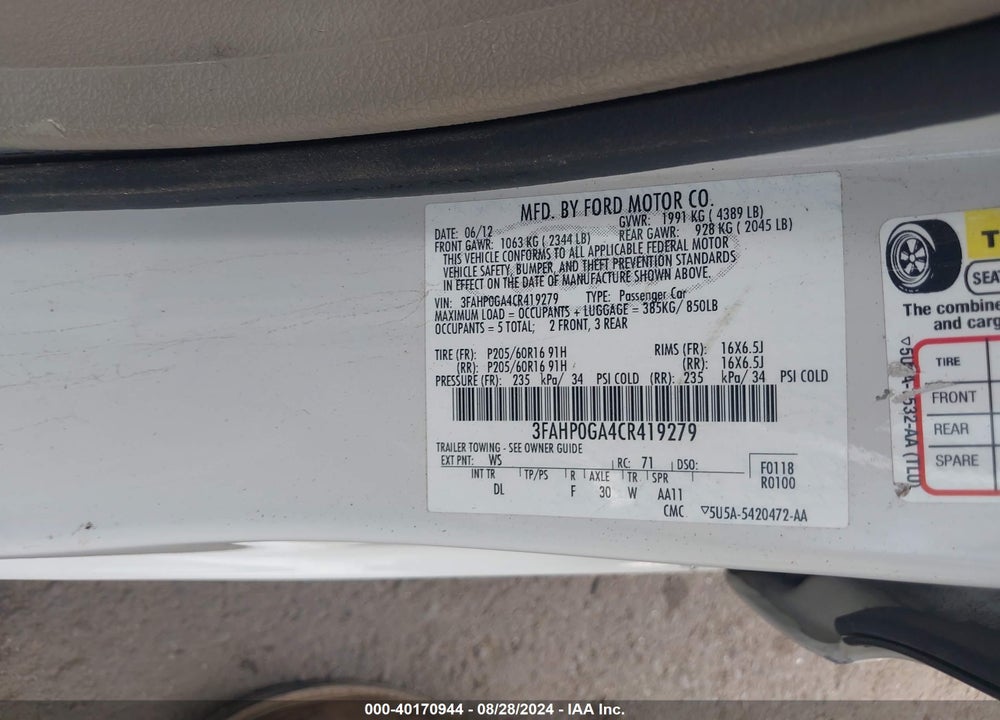 2012 FORD FUSION VIN: 3FAHP0GA4CR419279