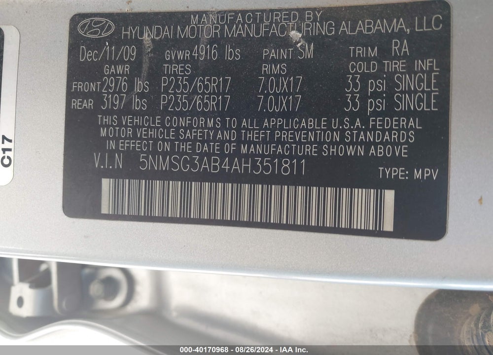 2010 HYUNDAI SANTA FE GLS VIN: 5NMSG3AB4AH351811
