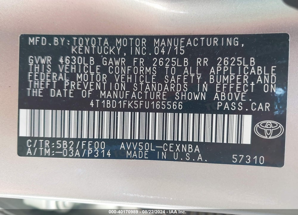 2015 TOYOTA CAMRY HYBRID LE VIN: 4T1BD1FK5FU165566