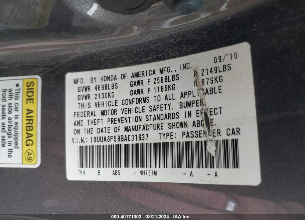2011 ACURA TL 3.5 VIN: 19UUA8F58BA001637