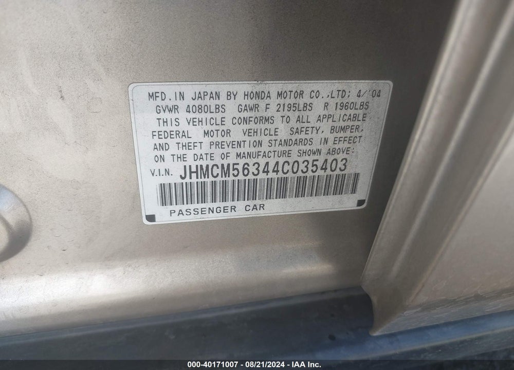 2004 HONDA ACCORD 2.4 LX VIN: JHMCM56344C035403