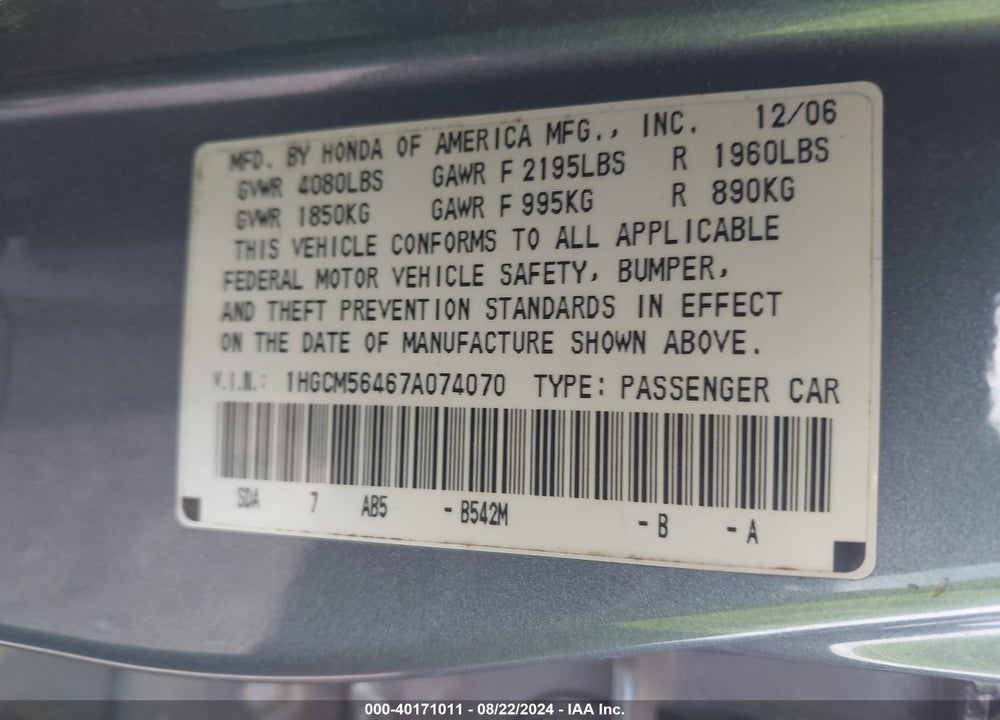 2007 HONDA ACCORD 2.4 LX VIN: 1HGCM56467A074070
