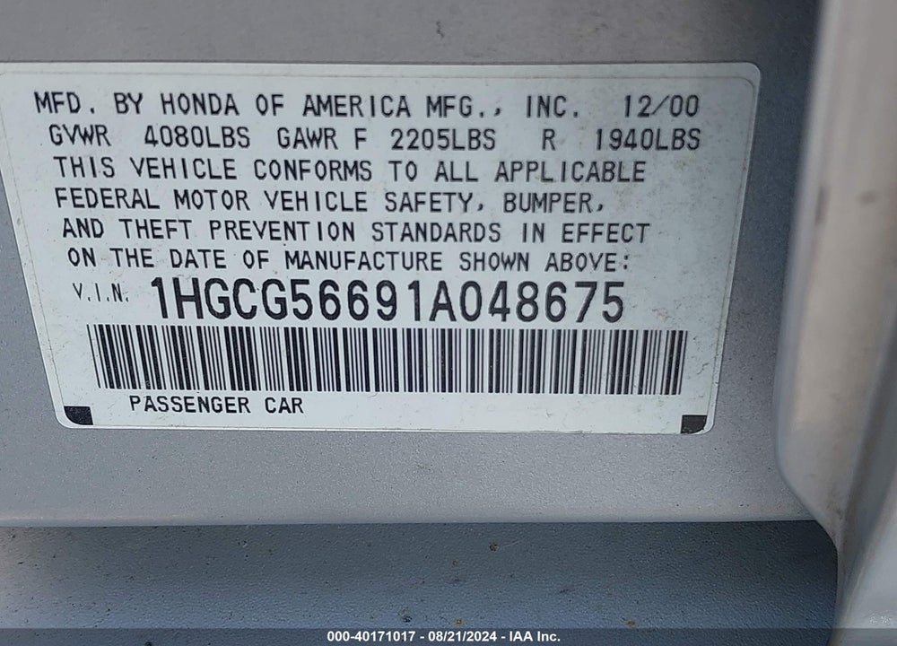 2001 HONDA ACCORD 2.3 EX VIN: 1HGCG56691A048675