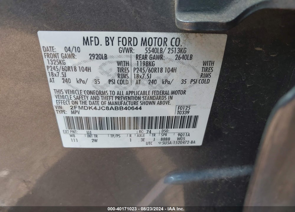 2010 FORD EDGE SEL VIN: 2FMDK4JC8ABB40644