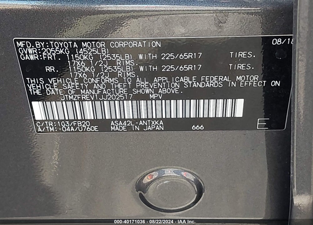 2018 TOYOTA RAV4 LE VIN: JTMZFREV1JJ202517