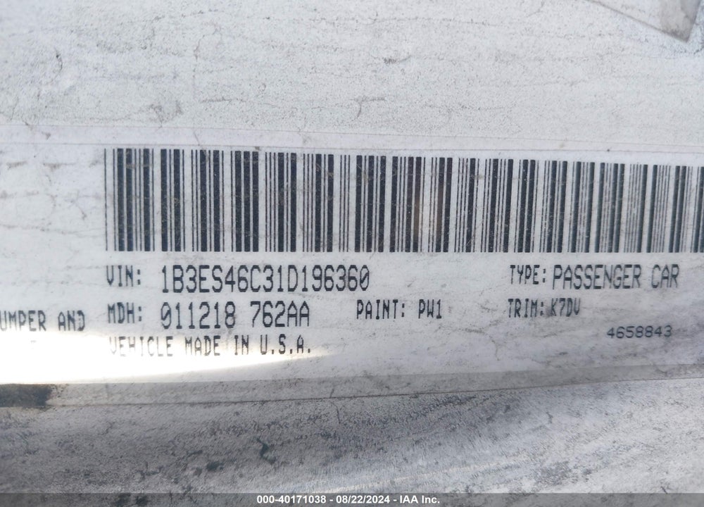 2001 DODGE NEON SE VIN: 1B3ES46C31D196360