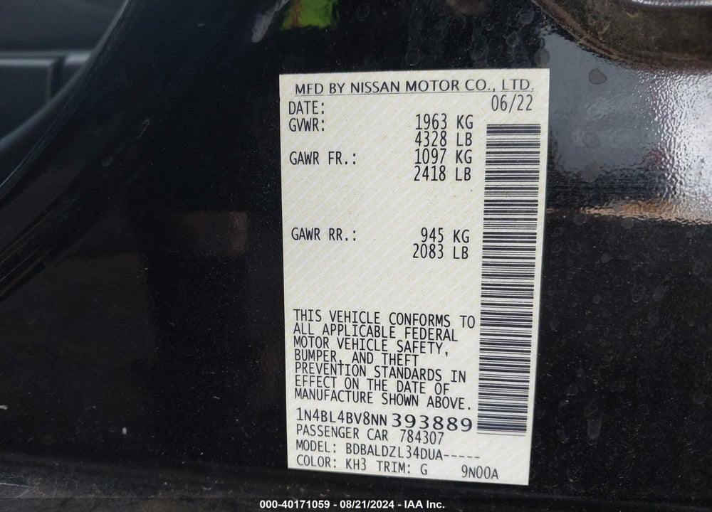 2022 NISSAN ALTIMA S FWD VIN: 1N4BL4BV8NN393889