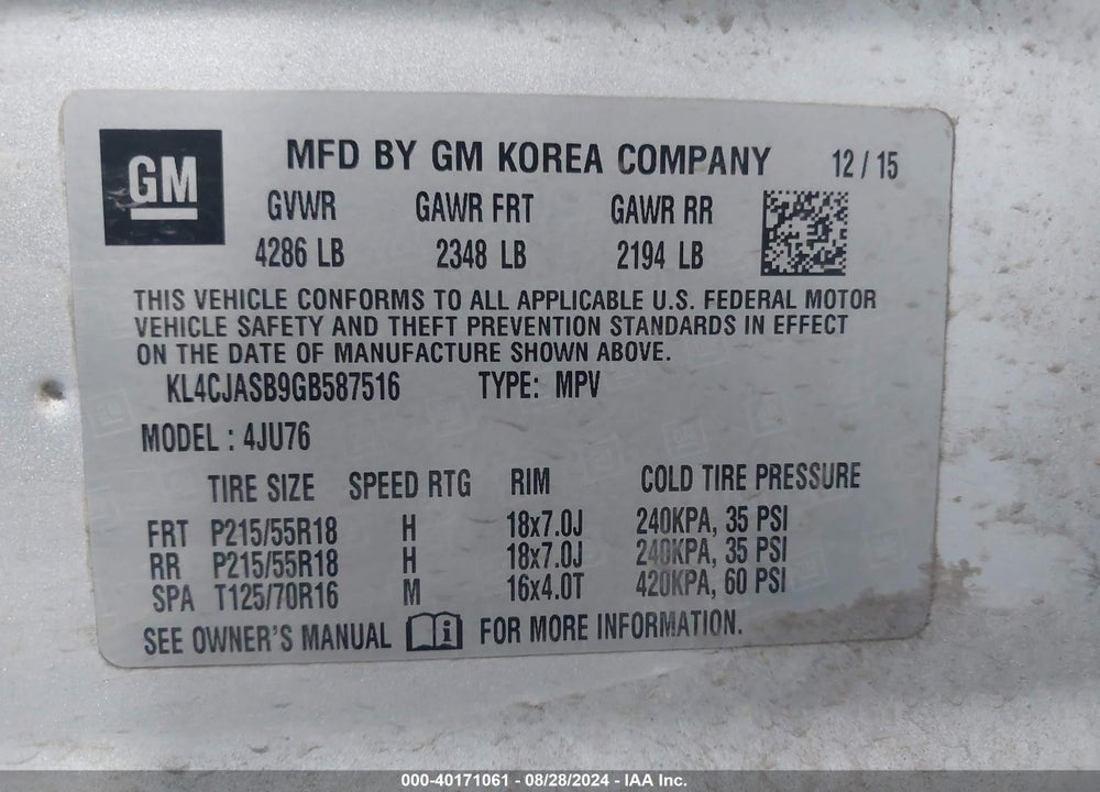 2016 BUICK ENCORE VIN: KL4CJASB9GB587516