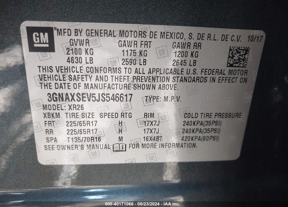 2018 CHEVROLET EQUINOX LT VIN: 3GNAXSEV5JS546617