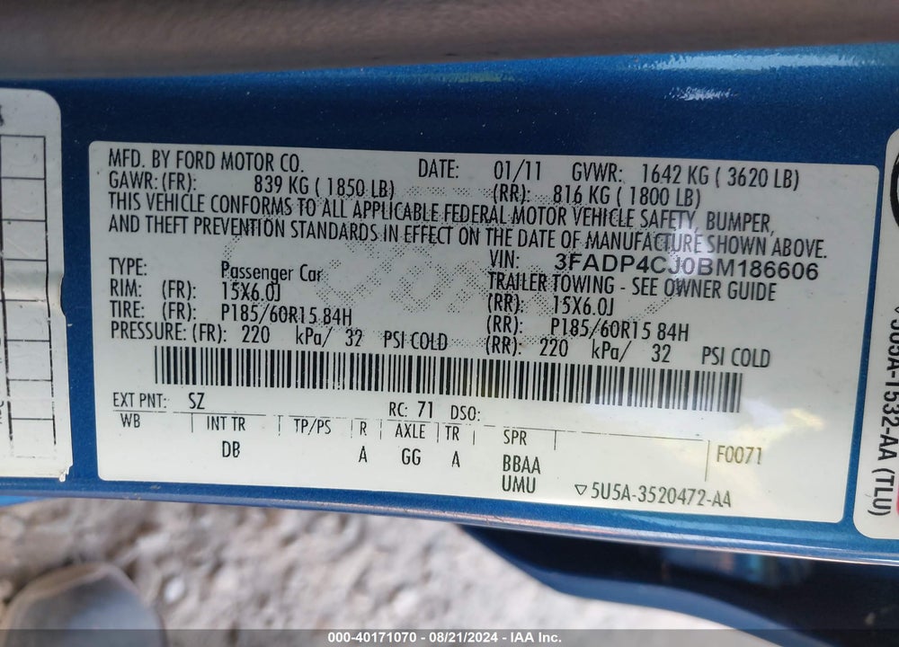 2011 FORD FIESTA SEL VIN: 3FADP4CJ0BM186606