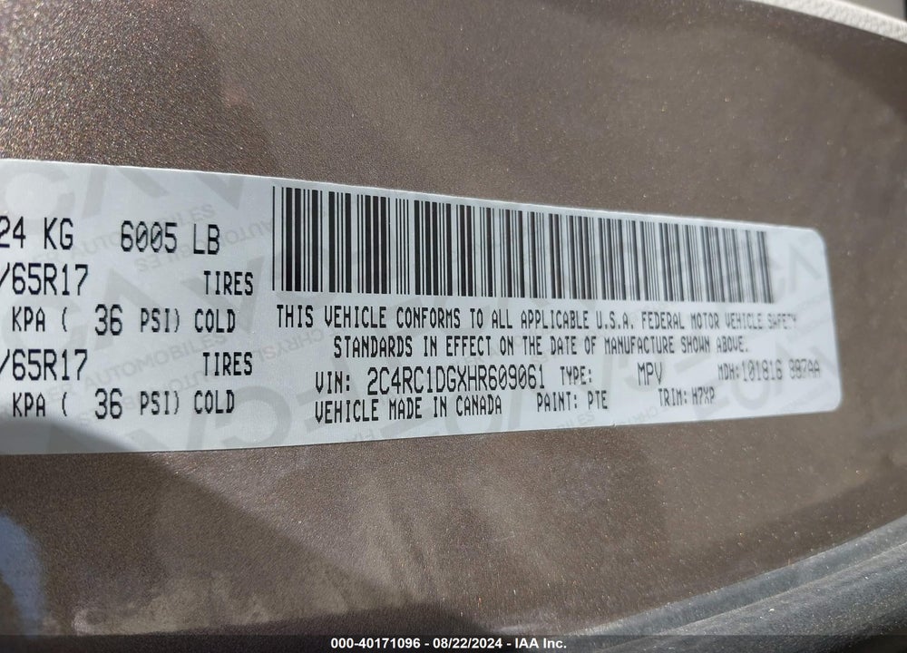 2017 CHRYSLER PACIFICA TOURING VIN: 2C4RC1DGXHR609061