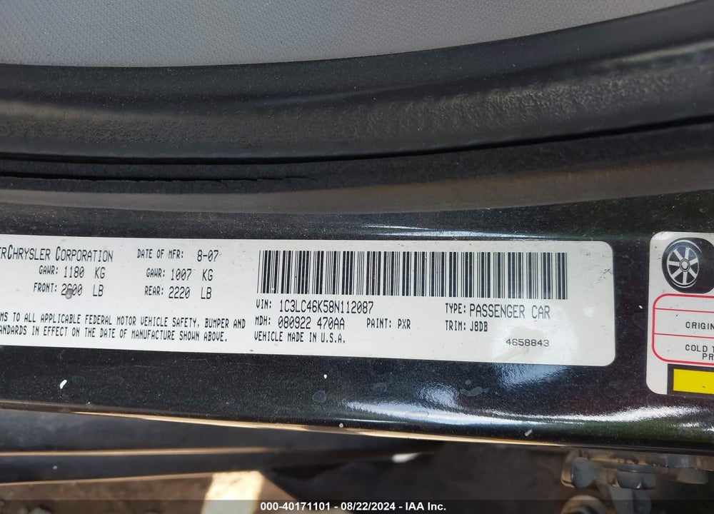 2008 CHRYSLER SEBRING LX VIN: 1C3LC46K58N112087