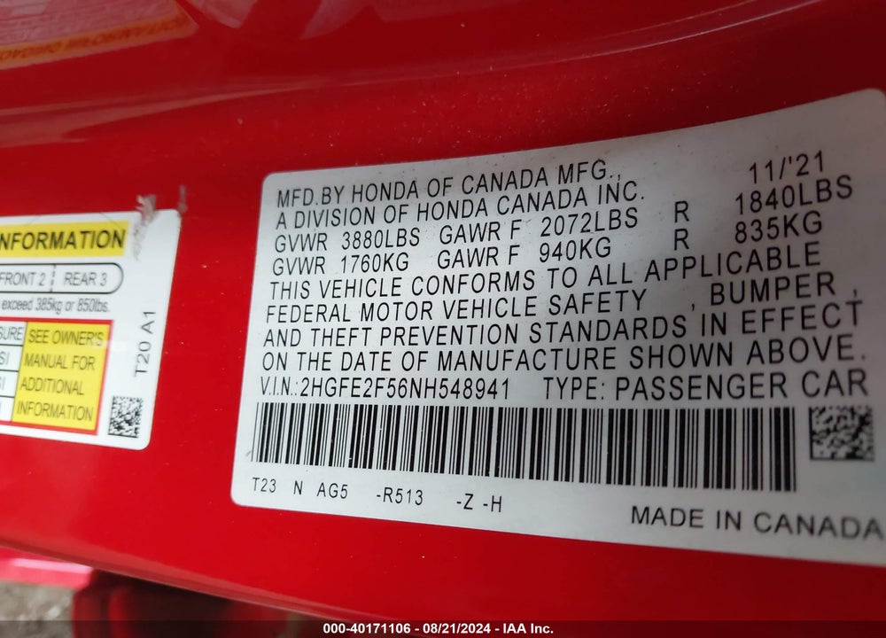 2022 HONDA CIVIC SPORT VIN: 2HGFE2F56NH548941