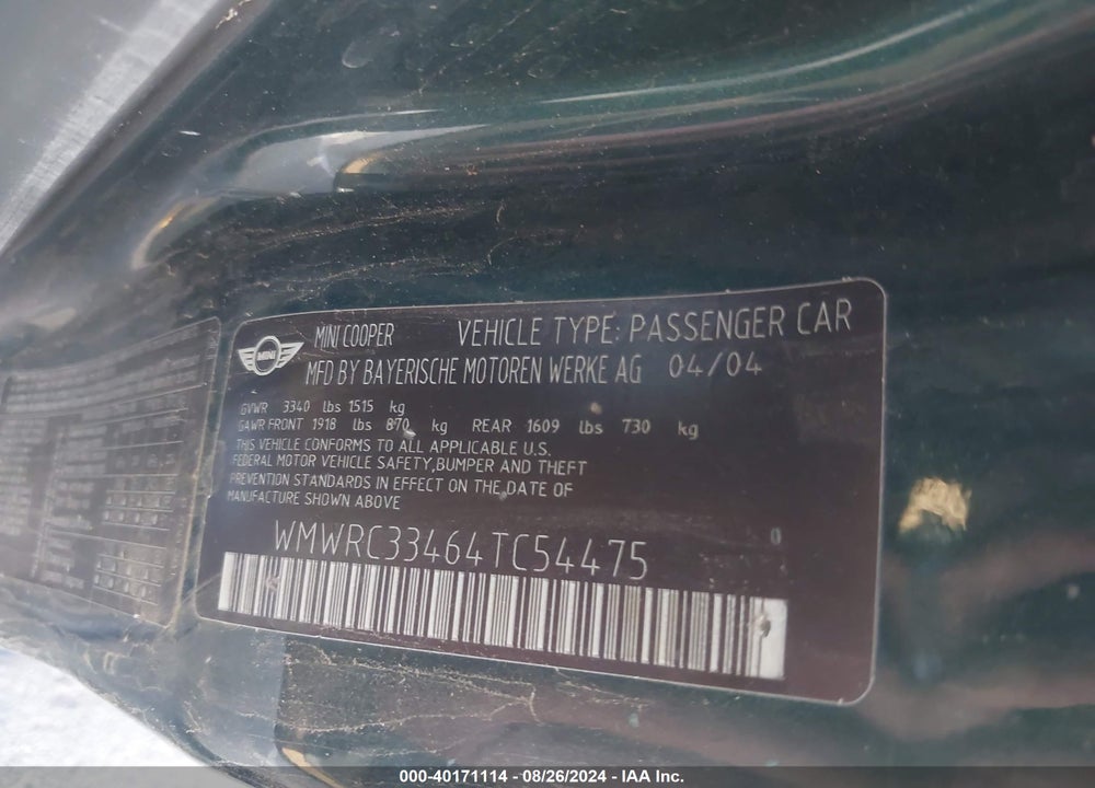2004 MINI COOPER VIN: WMWRC33464TC54475