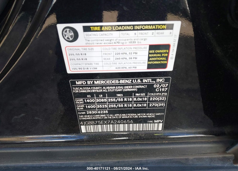 2007 MERCEDES-BENZ ML 500 4MATIC VIN: 4JGBB75EX7A240656