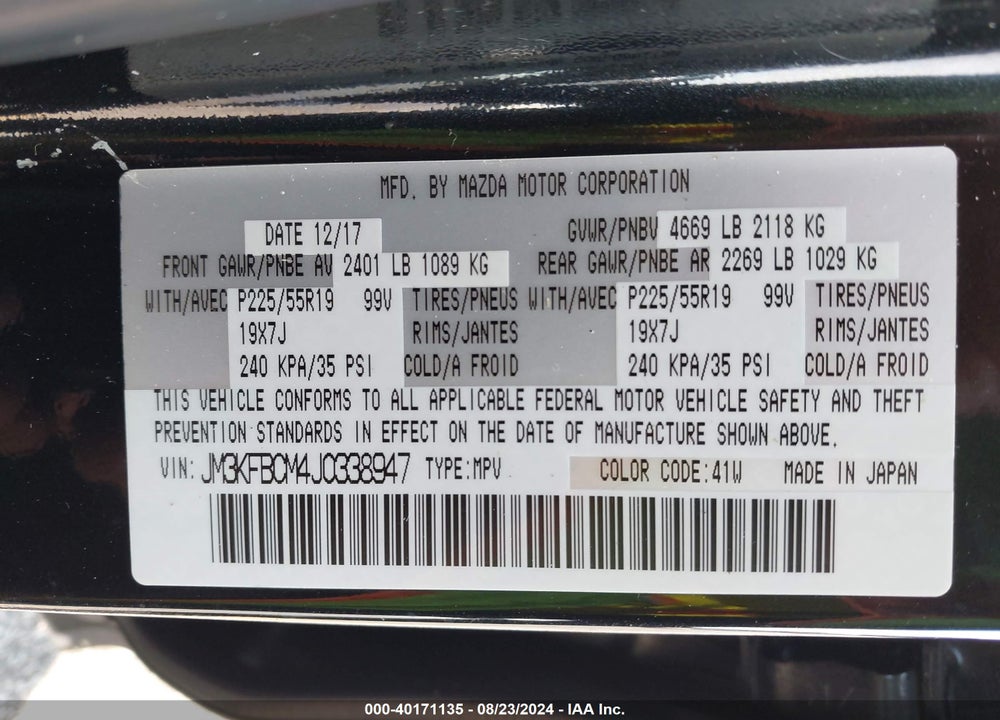 2018 MAZDA CX-5 TOURING VIN: JM3KFBCM4J0338947