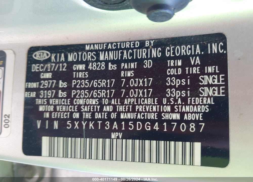 2013 KIA SORENTO LX VIN: 5XYKT3A15DG417087
