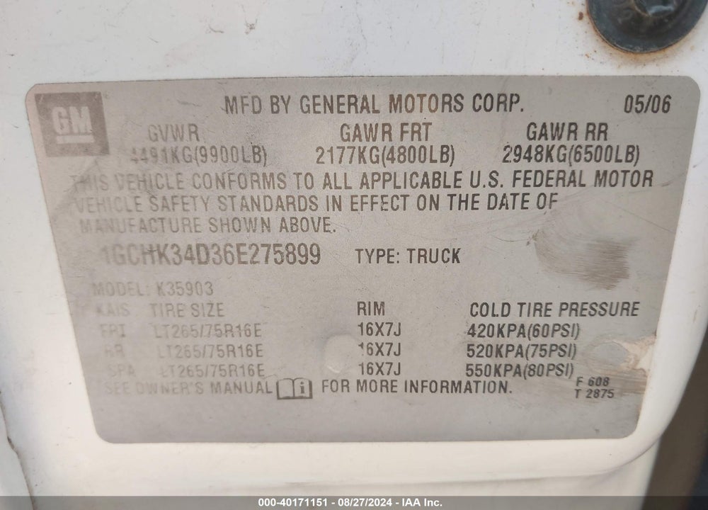 2006 CHEVROLET SILVERADO 3500 WORK TRUCK VIN: 1GCHK34D36E275899