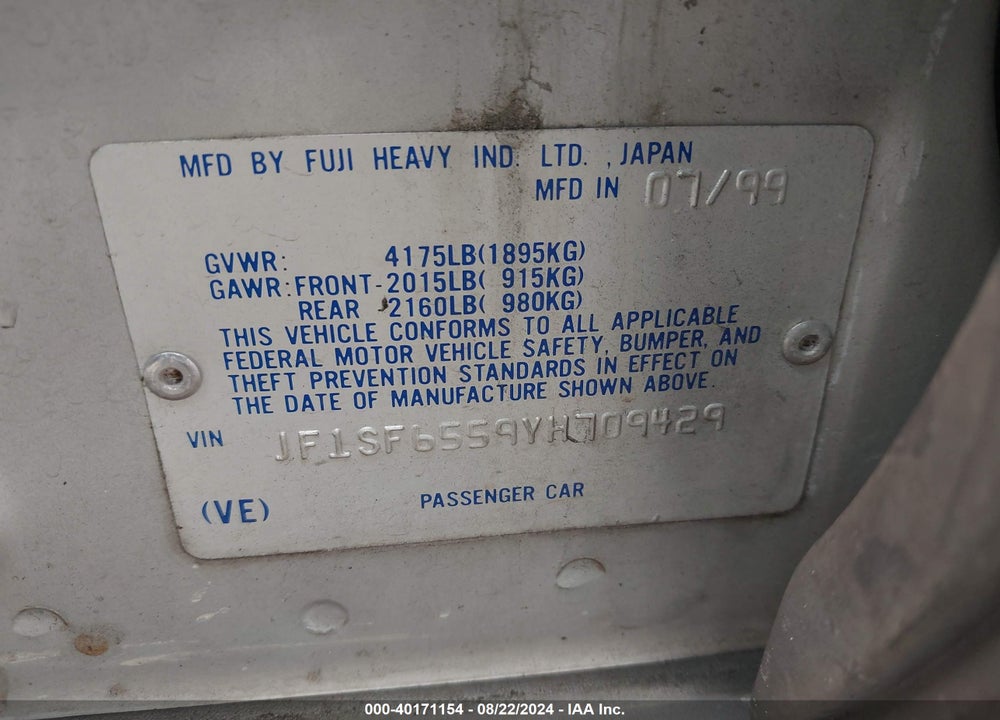 2000 SUBARU FORESTER S VIN: JF1SF6559YH709429